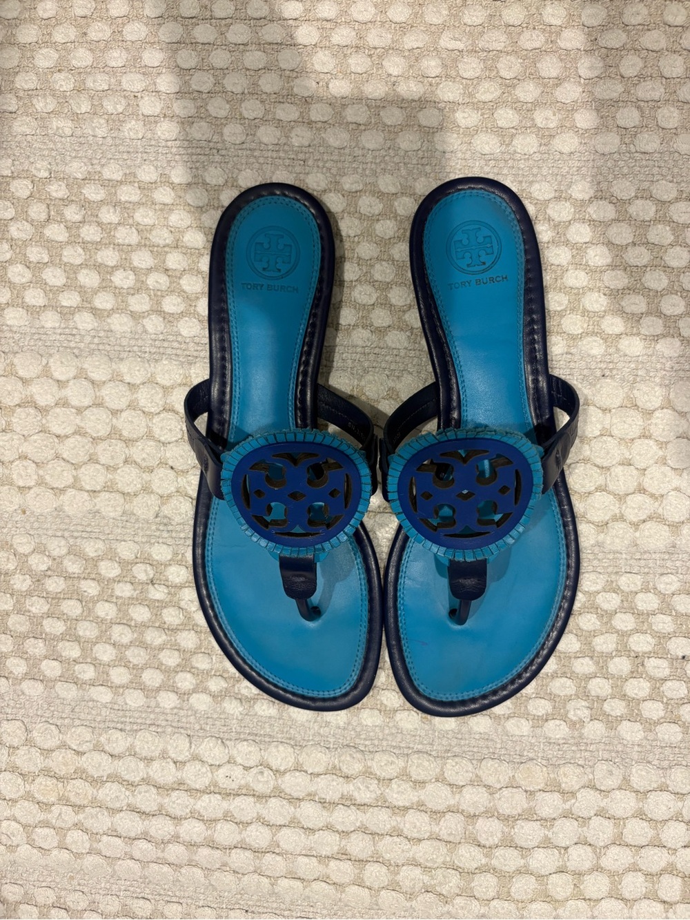 Tory Burch Teal and Navy Leather Logo Thong Sandals